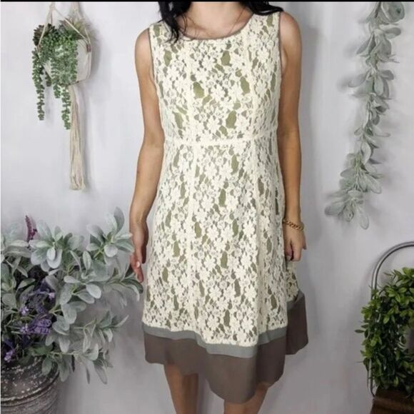 Sundance Orly Dress Womens 12 Cream Lace Overlay Green Silk Trim Sleeveless Knee - Picture 1 of 13